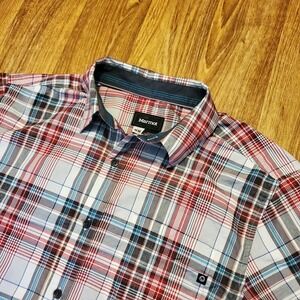 Marmot Plaid Shirt Men Medium Red White Short Sleeve‎ Classic Button-Up Hiking